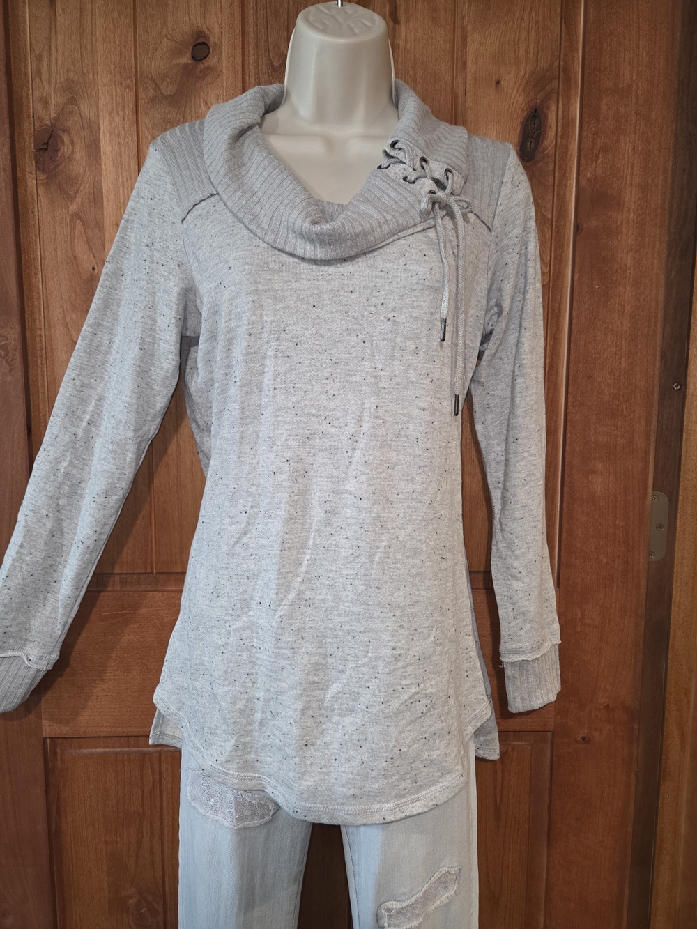 Maurices Light Gray Cowl Neck Sweater with Lace-Up Detail